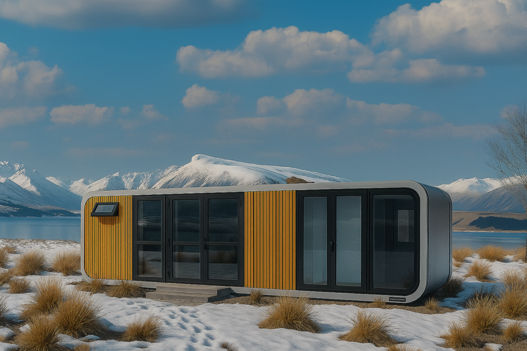 Home modular cabin by snowy lake